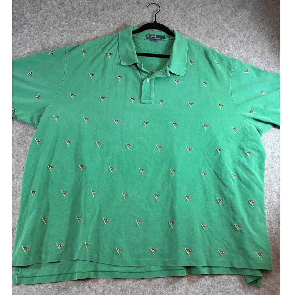 Vintage 90s Polo Ralph Lauren Polo Shirt Men 2XB Big Green Embroidered Sea Flags